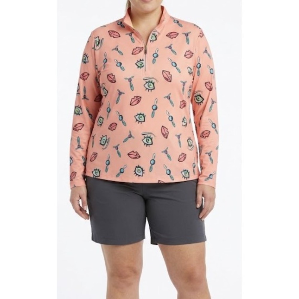 Jamie Sadock Sunsense Top XL Peach Eye Lip Graphic Novelty Mock Neck Quarter Zip